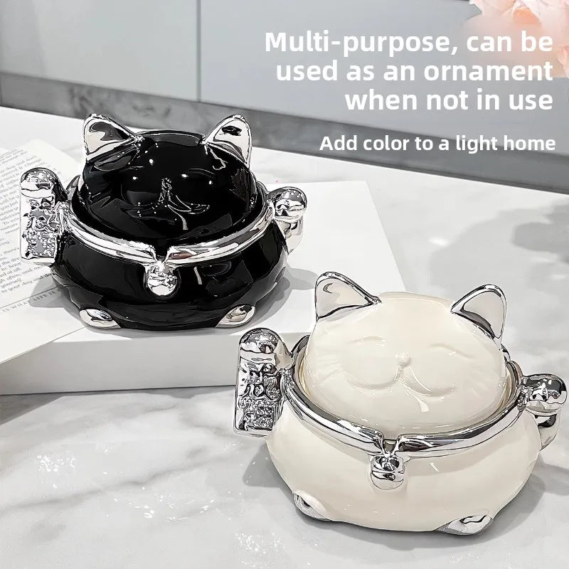 Lucky Cat Ceramic Ashtray with Lid – Modern Home Décor Decorative Ashtray Babs