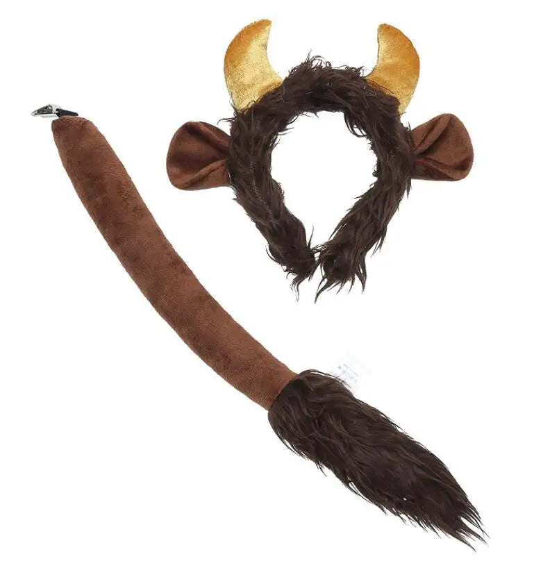 Plush Bull Horn Headband & Tail Set | Halloween Cosplay Gold Costume Accessory Set Babs Gold