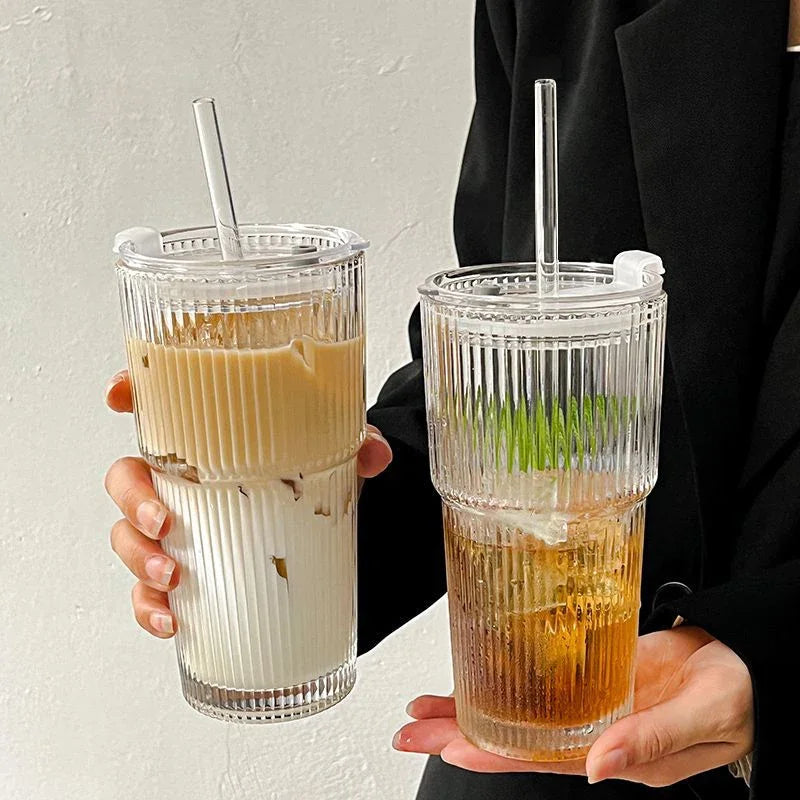 Striped Glass Cup with Lid & Straw – 600ml Transparent Drinkware Glass Drinkware Babs