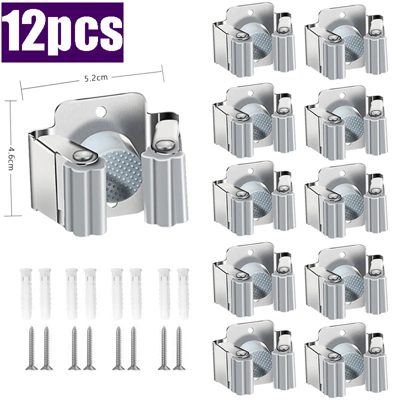 Stainless Steel Wall-Mounted Mop & Broom Clip Holder Rack Mop Broom Holder Babs Sliver-12pcs
