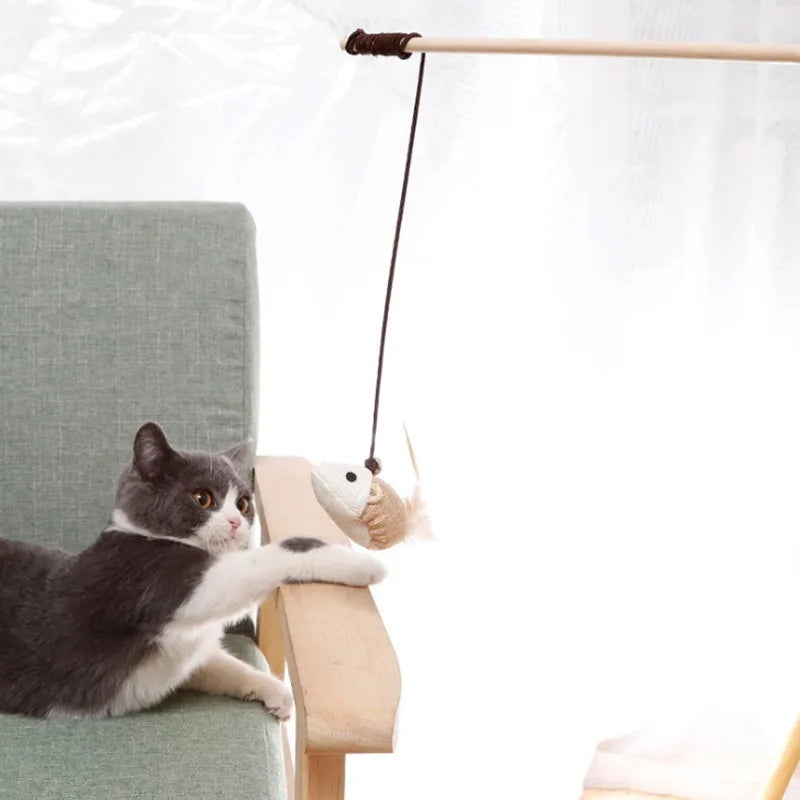Wooden Cat Teaser Wand with Bell, Feather & Linen Kitten Toy Cat Teaser Wand Babs