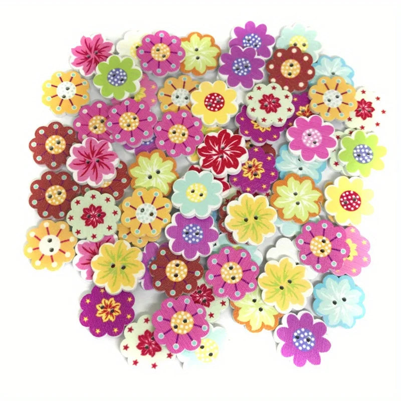 100pcs Painted Flower Wood Buttons – Mixed Colors for Crafts Wooden Craft Buttons Babs 100pcs