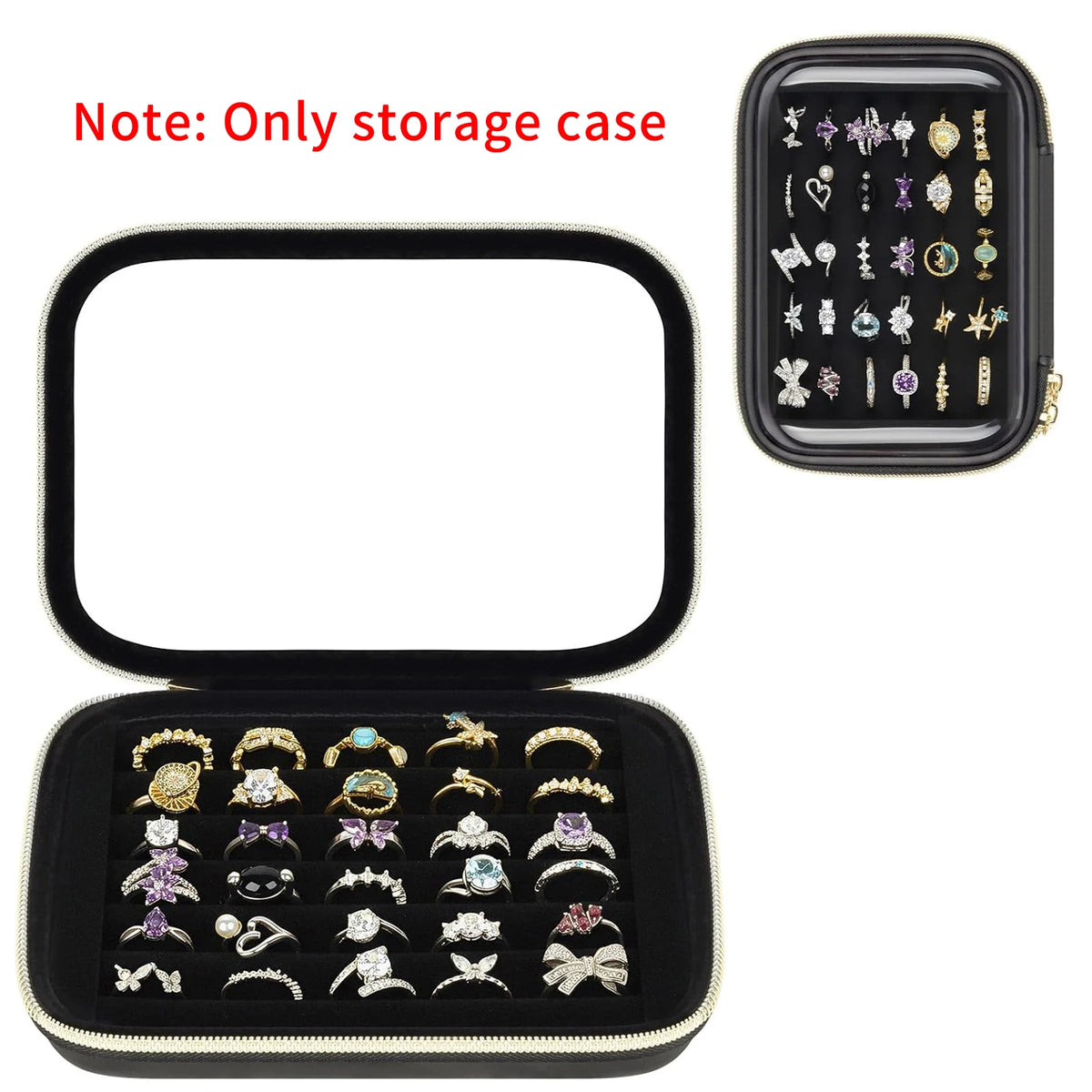 6-Row Velvet Ring Organizer Box – Clear Top, Holds 30+ Rings Ring Organizer Box Babs black