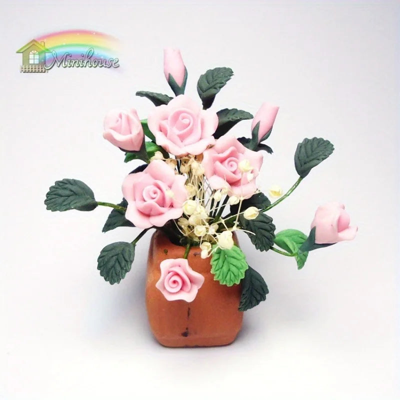 1/12 Mini Clay Rose Potted Plant – Dollhouse Miniature Décor Dollhouse Miniature Babs Pink