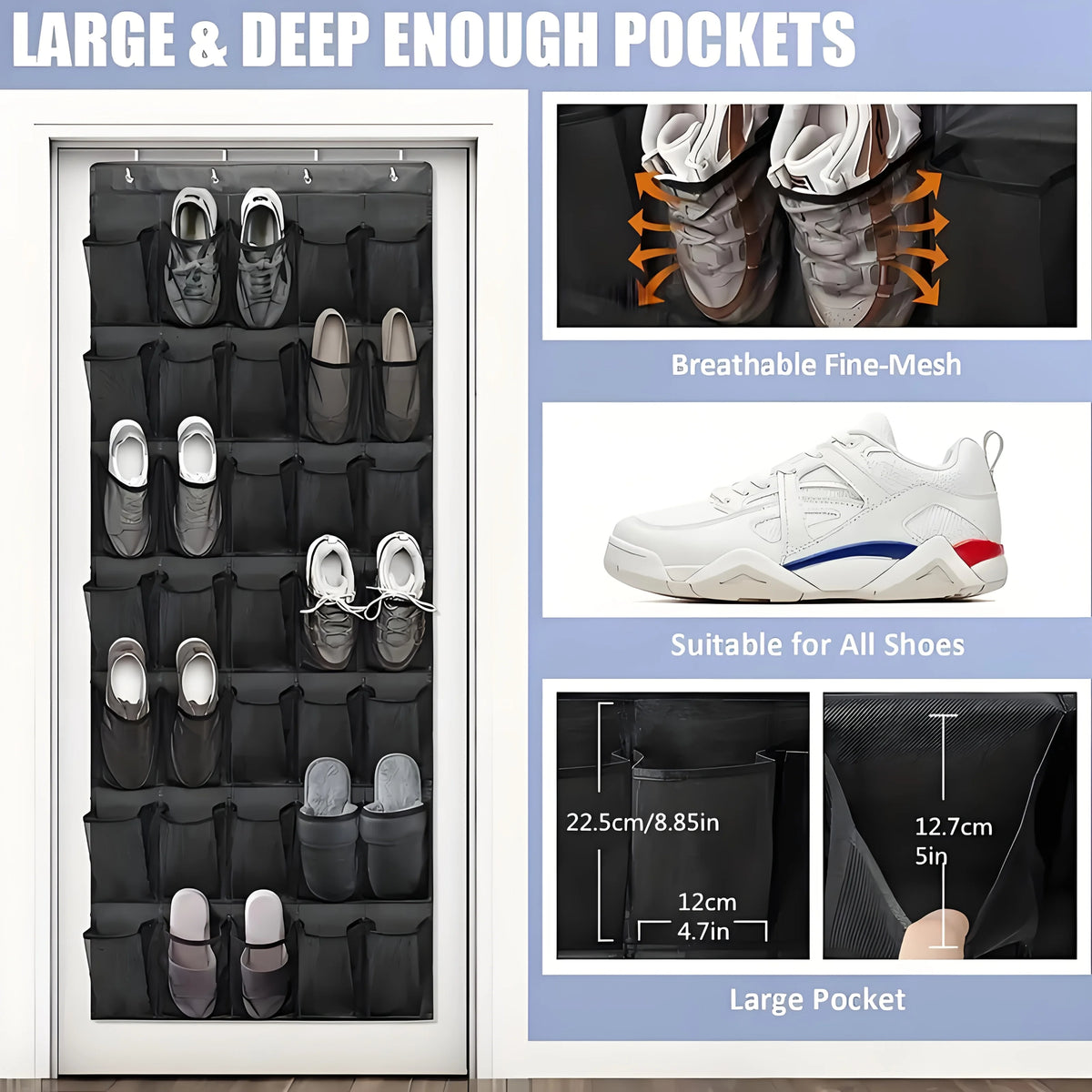 Over Door Shoe Organizer – 24 Large Breathable Mesh Pockets Door Shoe Organizer Babs