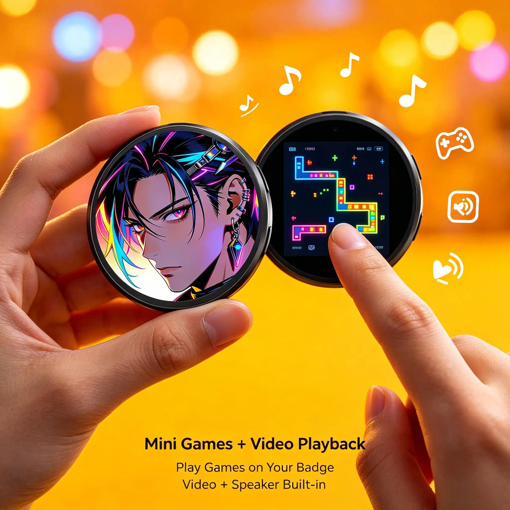 Electronic Dynamic Pin Badge – HD Round Screen GIF & Video Display Electronic Pin Badge Babs