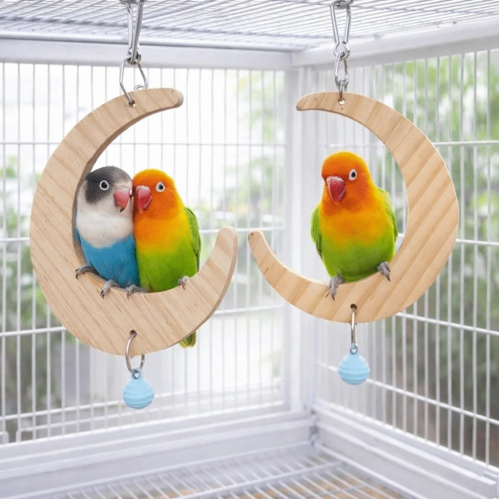 Bird Wooden Perch Toy – Moon Shape, Mirror, Bell & Flower Bird Cage Toy Babs