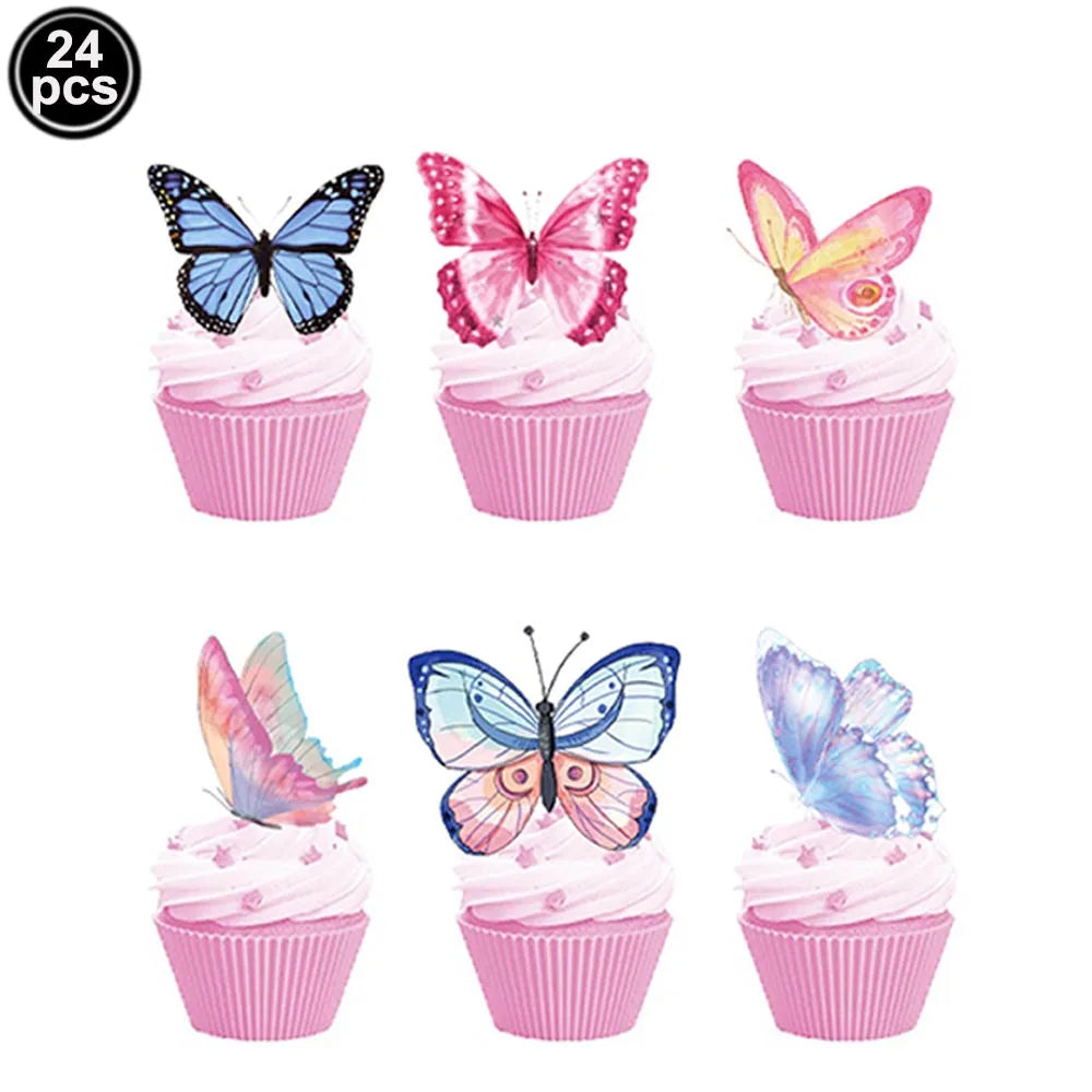 Butterfly Party Supplies Set – Plates, Cups & Foil Balloons Party Tableware Set Babs 24pcs cake topper As pictures show
