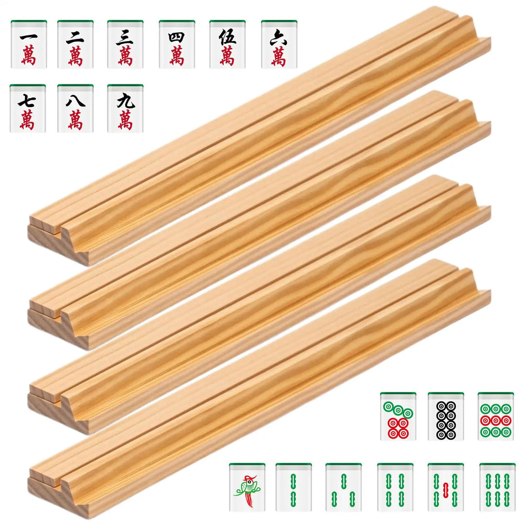 4-Pack Wooden Mahjong Racks with Pushers – Non-Slip Holders Mahjong Rack Set Babs