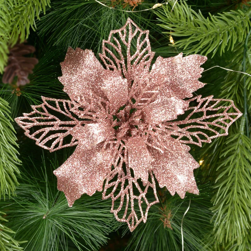 5pcs Glitter Artificial Christmas Flowers – Tree & Home Decor Christmas Floral Picks Babs rose gold 11cm