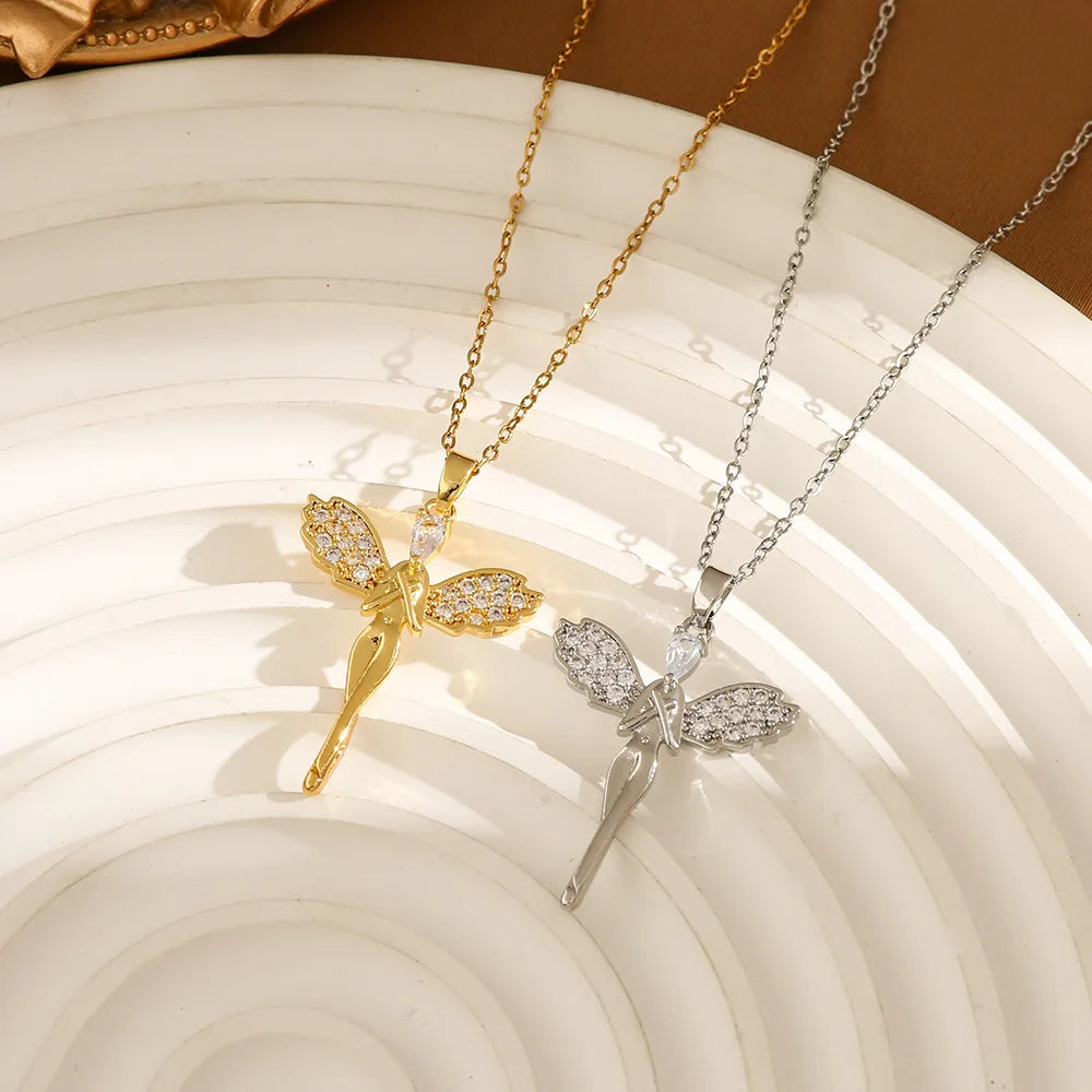 ZAKOL Gold Dragonfly Crystal Necklace – Stainless Steel Jewelry Crystal Pendant Necklace Babs