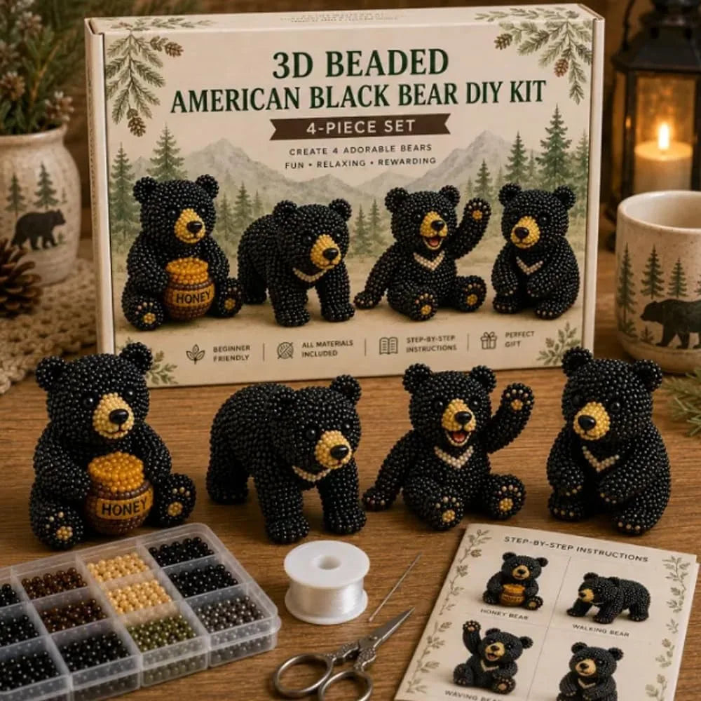 3D Beaded Bear Set – Handmade Bear Sculpture Kit, 4 Bears Bead Craft Kit Babs