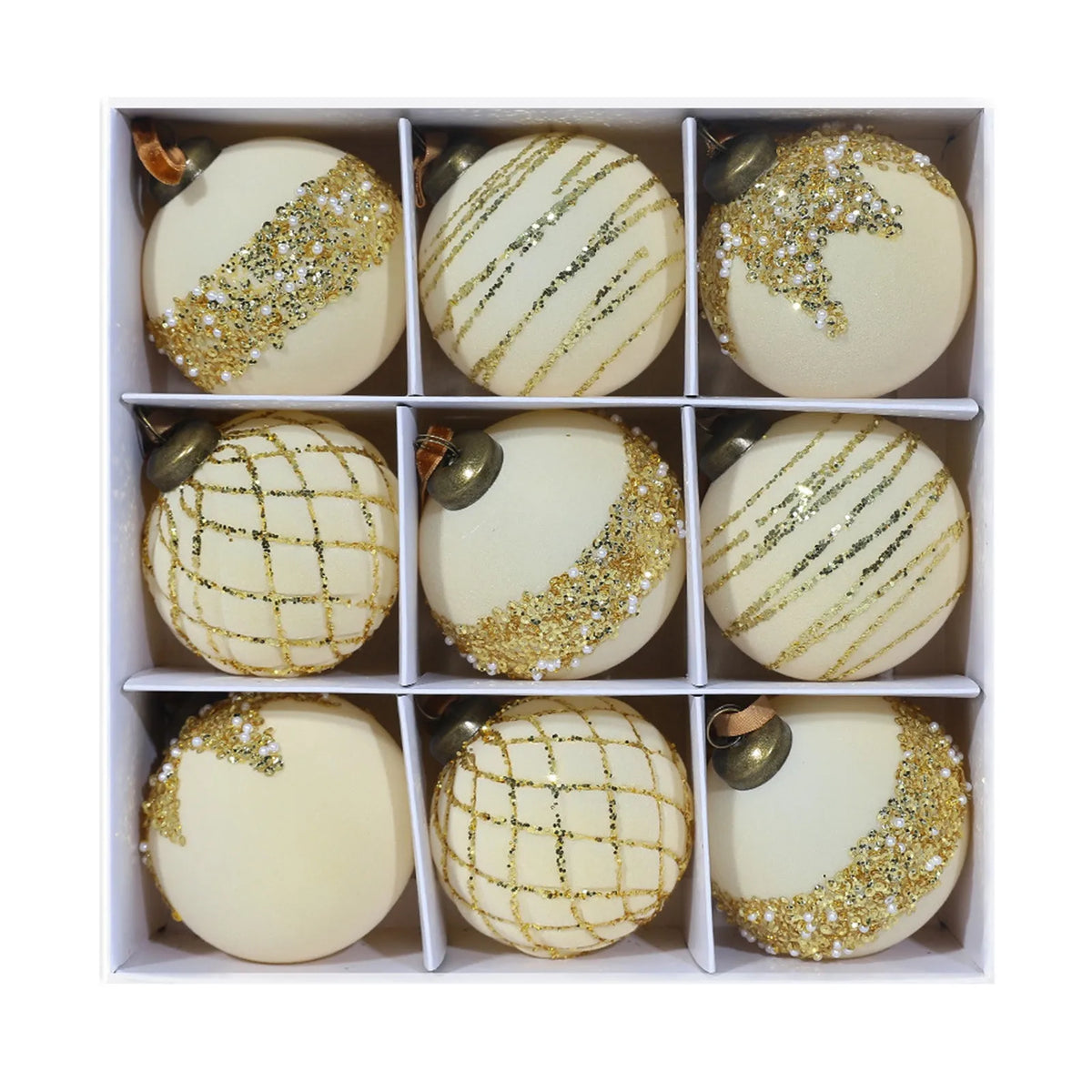 9-Piece Flocked Green Velvet Christmas Ball Ornaments 80MM Set Christmas Ornaments Set Babs 8cm Beige