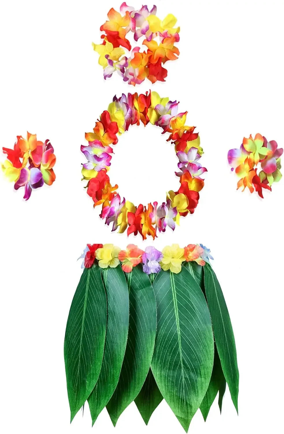 10-Piece Hawaiian Hula Skirt & Leis Set – Luau Party Costume Luau Costume Set Babs colors for adult