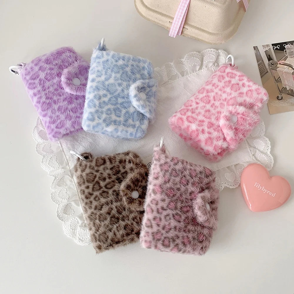 Plush Leopard Snap Card Bag – Mini Coin Wallet & Pouch Mini Snap Card Wallet Babs