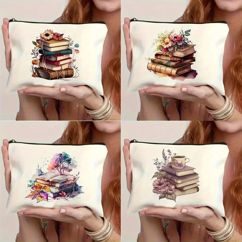 Book Theme Floral Canvas Zipper Pouch – Large Cosmetic Bag Canvas Zipper Pouch Babs
