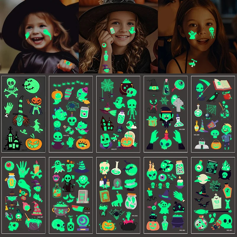 Halloween Glow-in-the-Dark Tattoo Stickers – 10 Sheets, Kids & Adults Halloween Tattoo Stickers Babs
