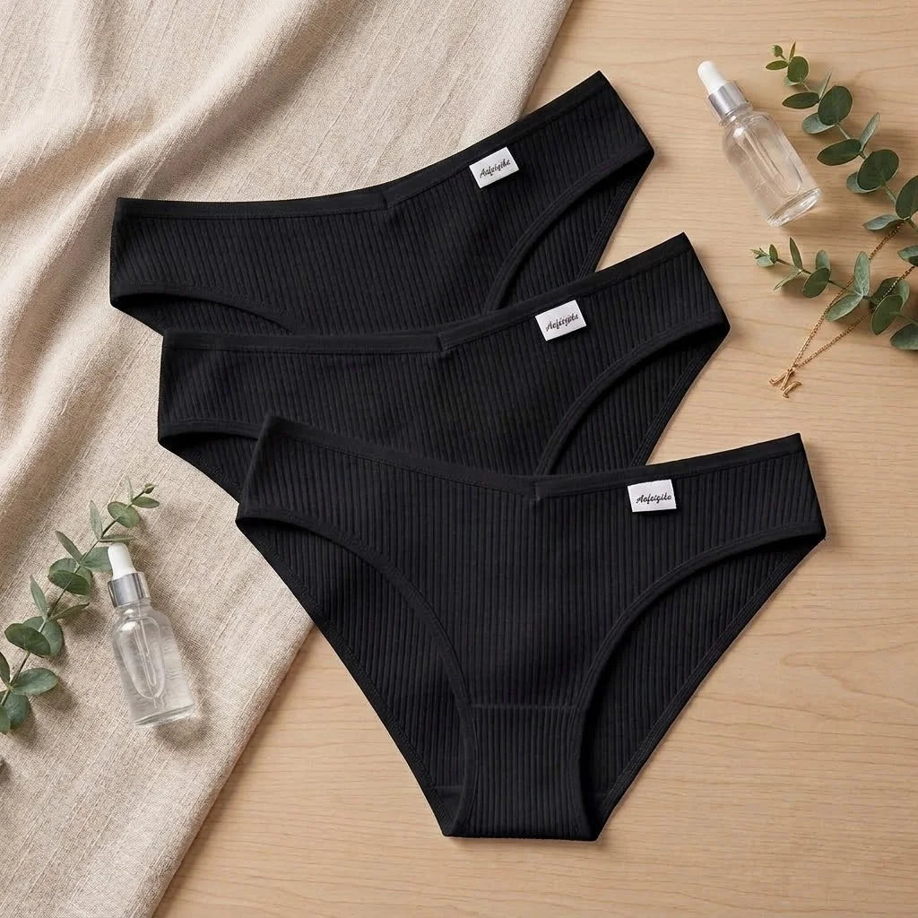 3-Pack Cotton Ribbed Bikini Briefs – Low Cut Stretch Panties Women's Bikini Briefs Babs Black 3Pcs M Pack