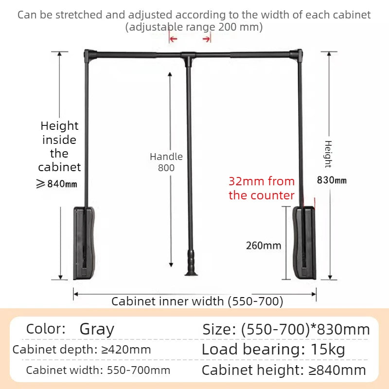 Pull-Down Lift Hanger Rod – Aluminum Wardrobe Organizer Wardrobe Hanger Rod Babs Gray-Damping-550MM