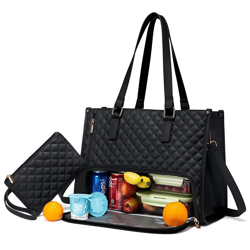 Women's Quilted Work Tote Bag with Lunch & Laptop Compartment Women's Work Tote Bag Babs black