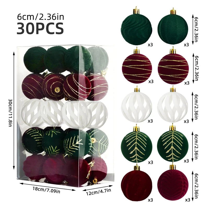 30pcs Christmas Velvet Ball Ornaments 6cm Xmas Tree Pendants Christmas Tree Ornaments Babs 30Pcs 6cm