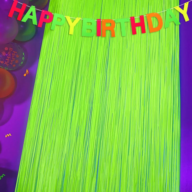 Neon Glow Party Fringe Curtain Backdrop & Birthday Banner Set Party Decoration Set Babs