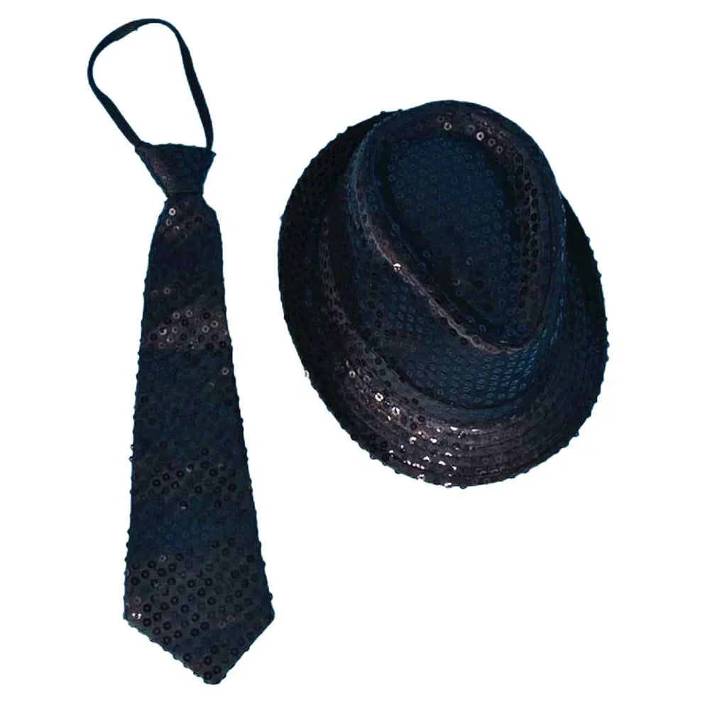 LED Light Up Sequin Jazz Hat & Tie Set | Party Costume LED Party Costume Set Babs light up black 2 Adult size