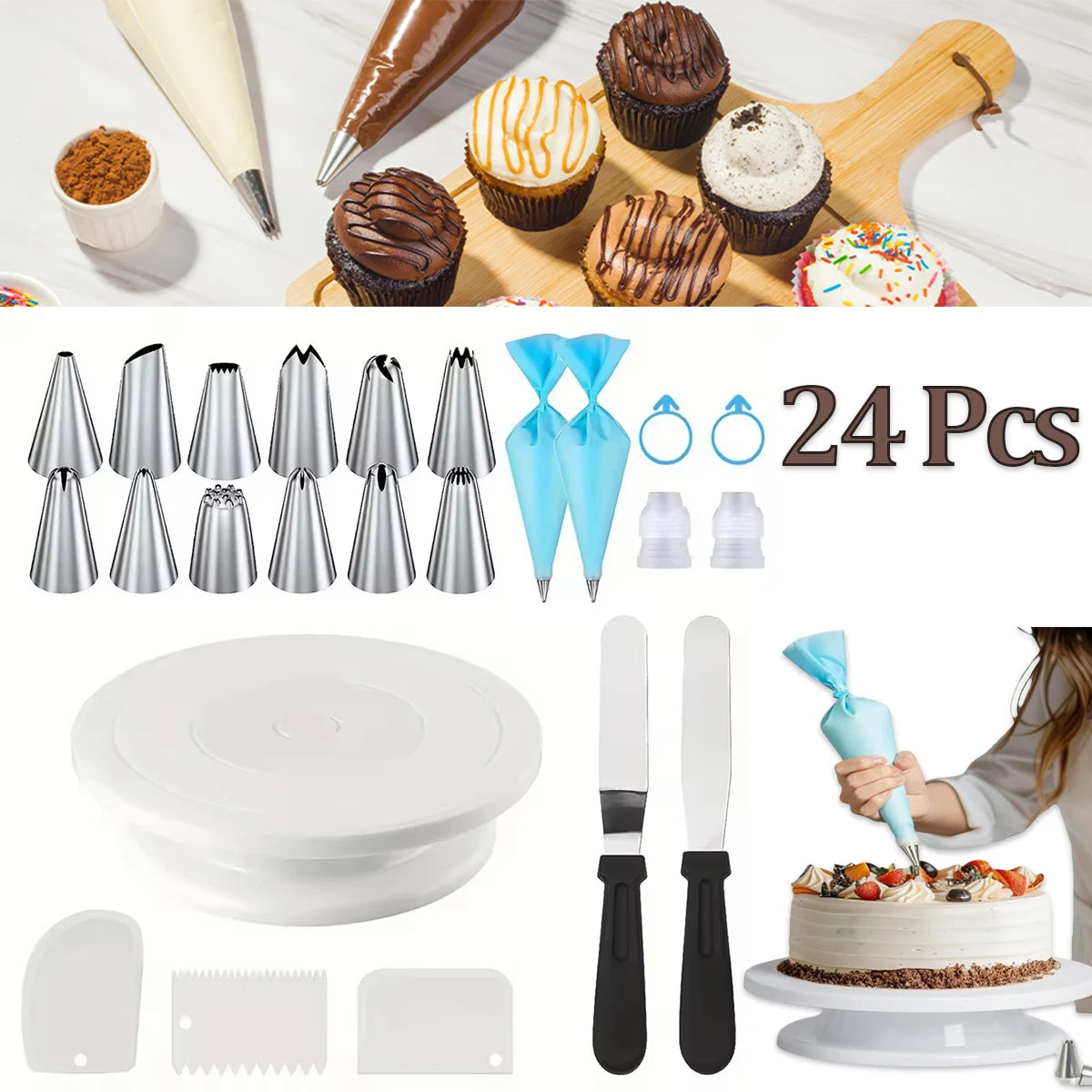 24-Piece Cake Decorating Set – Turntable, Piping Tips & Tools Cake Decorating Set Babs