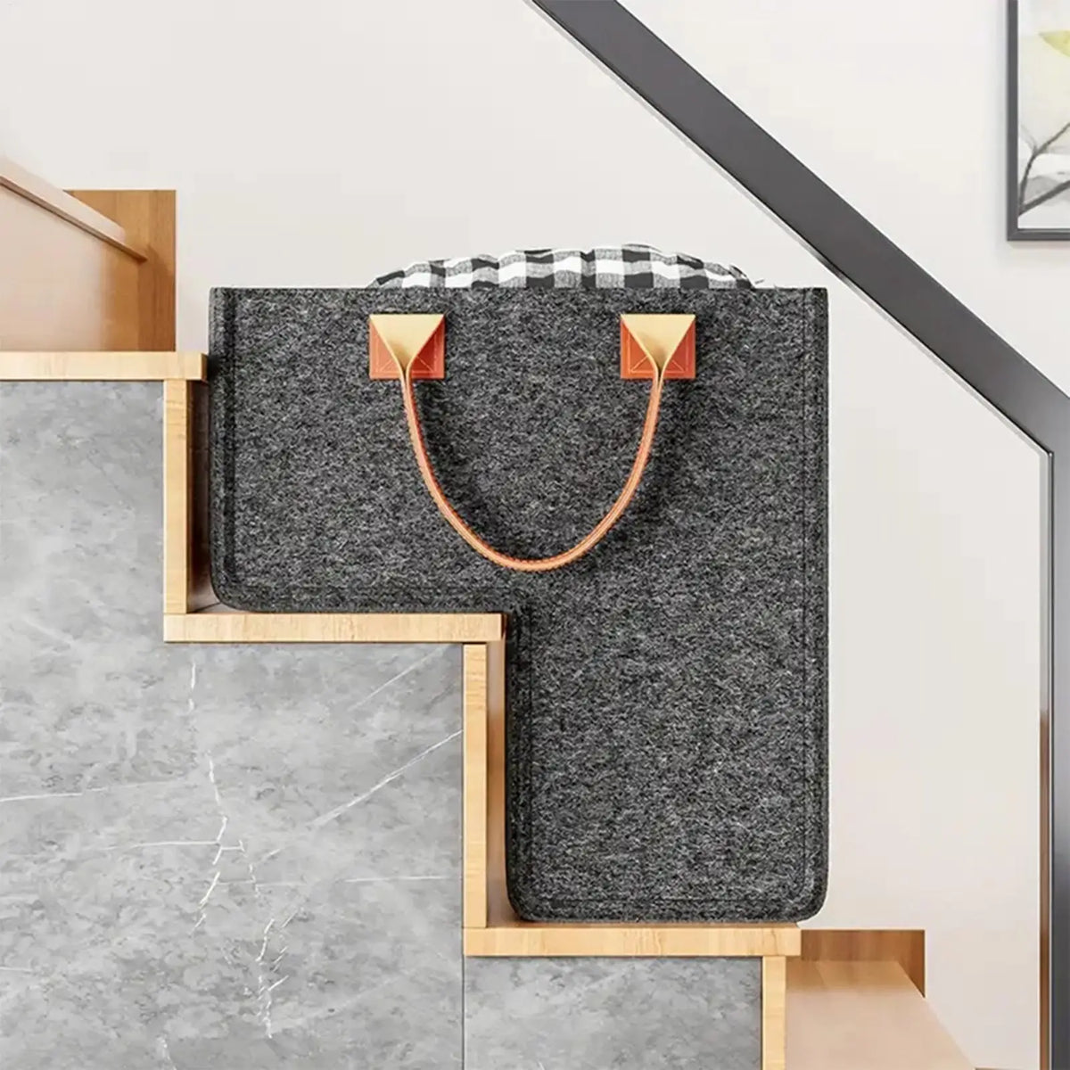 Felt L-Shape Stair Basket with PU Handles | Dark Gray Stair Storage Basket Babs