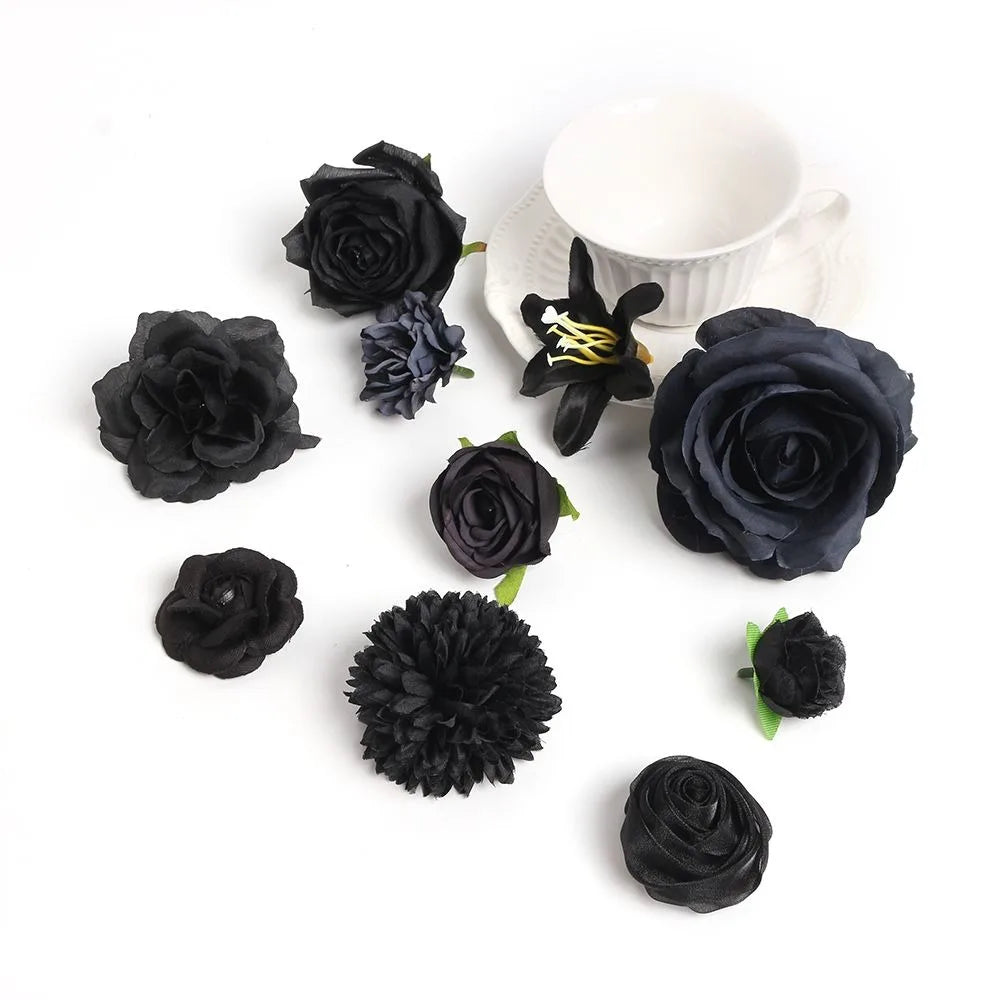 10Pcs Black Silk Artificial Rose Heads – DIY Wedding Decor Artificial Flower Heads Babs