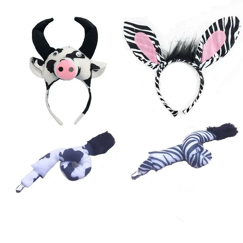 Furry Animal Tail & Headband Costume Set for Halloween Cosplay Costume Accessory Set Babs
