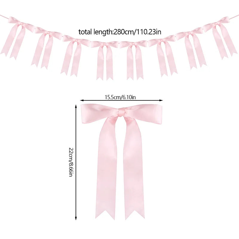 8-Piece Pink Bow Garland Satin Ribbon Party Banner Decoration Party Garland Banner Babs Pink