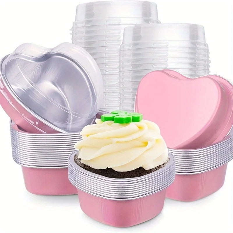 20pcs Heart-Shaped Aluminum Foil Cake Cups with Lids Foil Cake Molds Babs