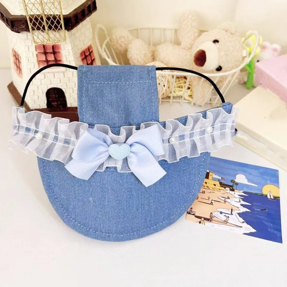 Denim Dog Sun Hat with Ear Holes & Lace Bow | UV Protection Cap Pet Sun Hat Babs Style C