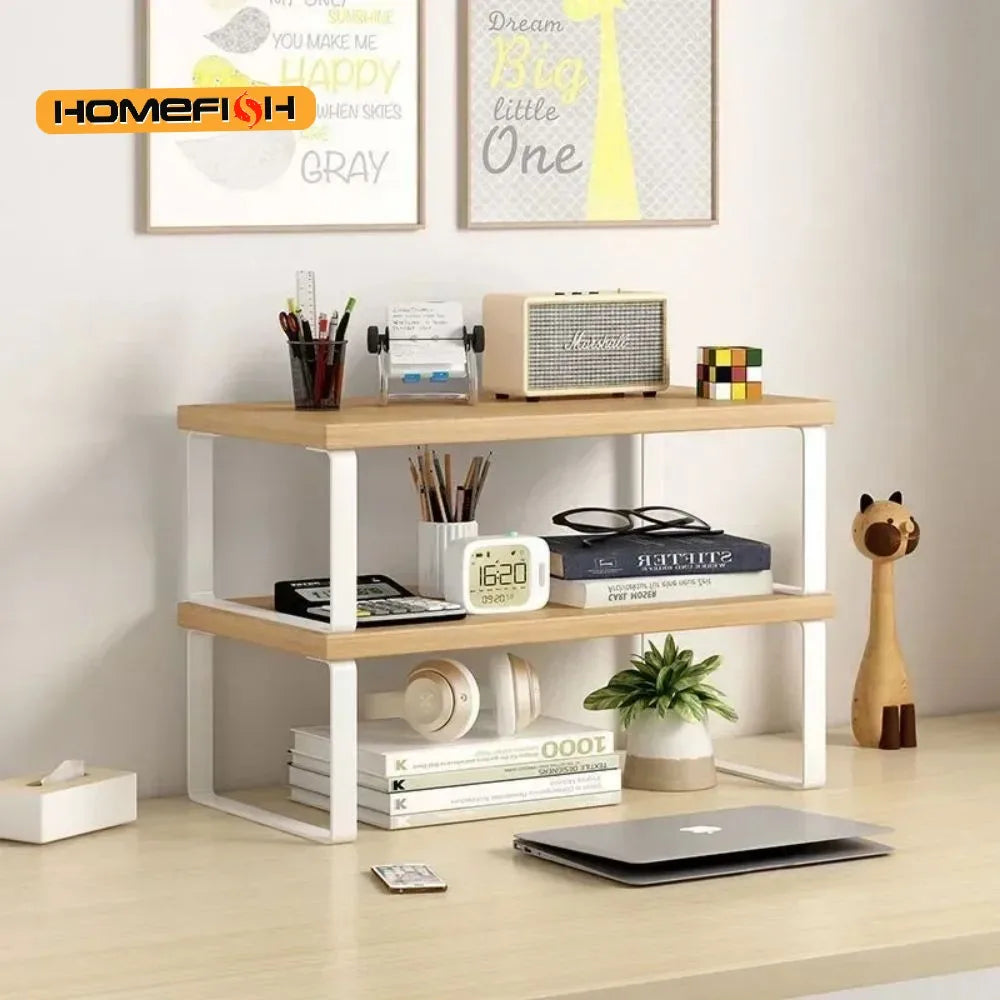 Monitor Stand Riser with Storage Rack – Iron & Wood Desk Organizer Monitor Stand Riser Babs