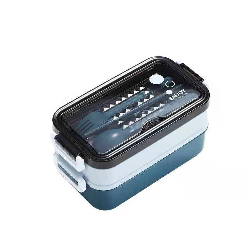 Double Layer Lunch Box with Compartments & Fork/Spoon Lunch Box Babs Blue