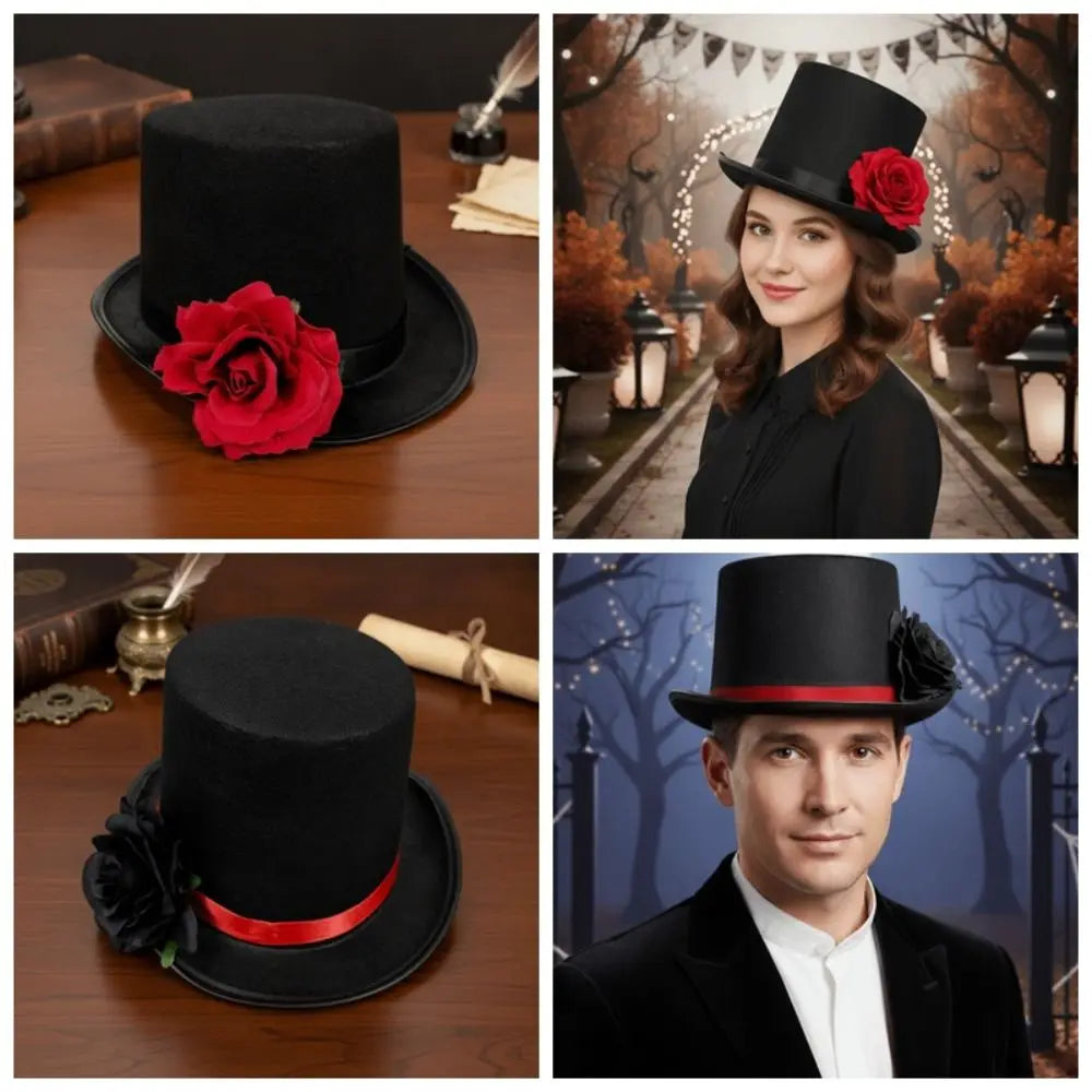 Gothic Top Hat with Artificial Rose – Black & Red Magician Fedora Gothic Costume Hat Babs