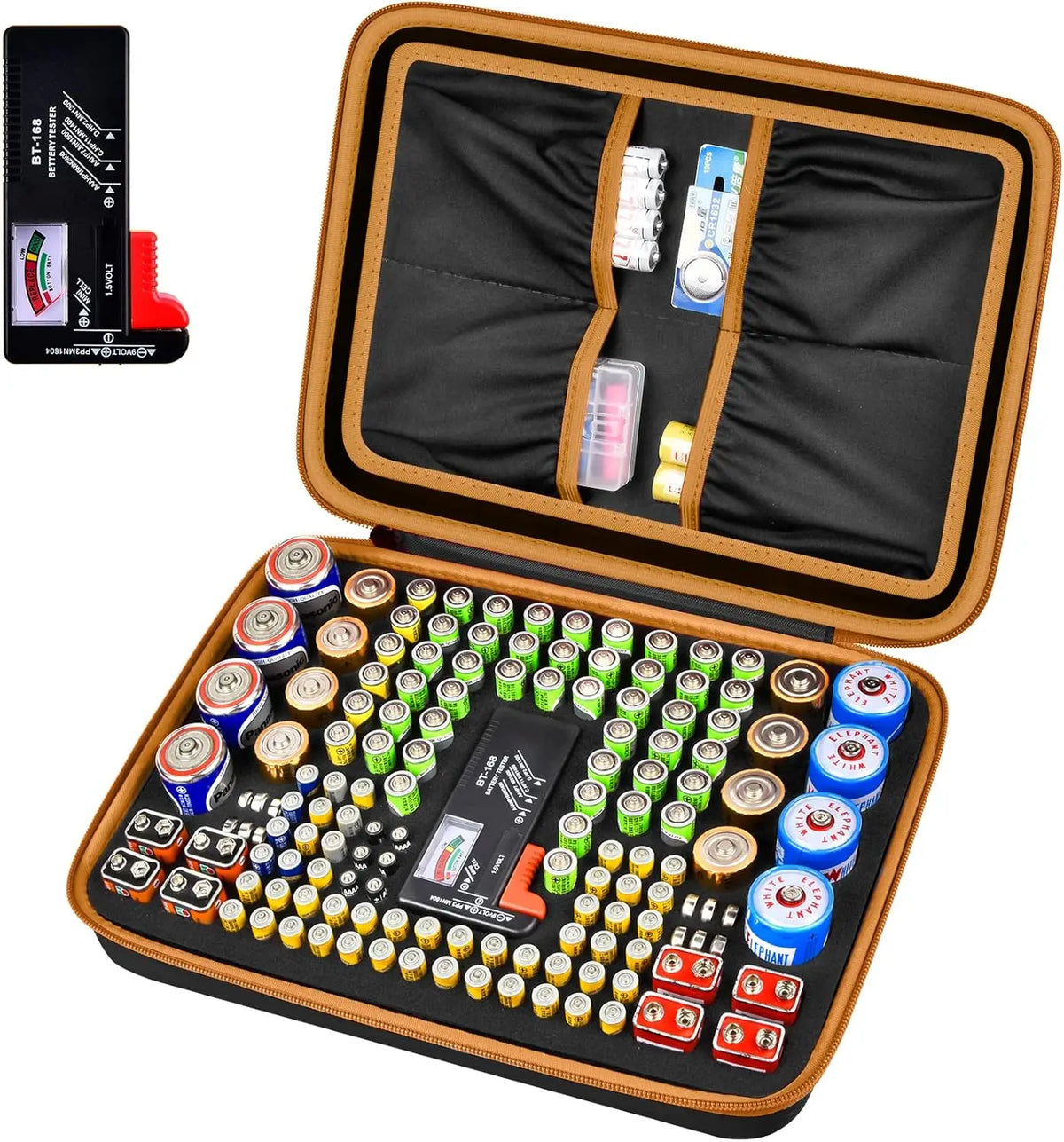Battery Organizer Storage Box – Holds 140+ Batteries + Tester Battery Storage Case Babs Brown zipper