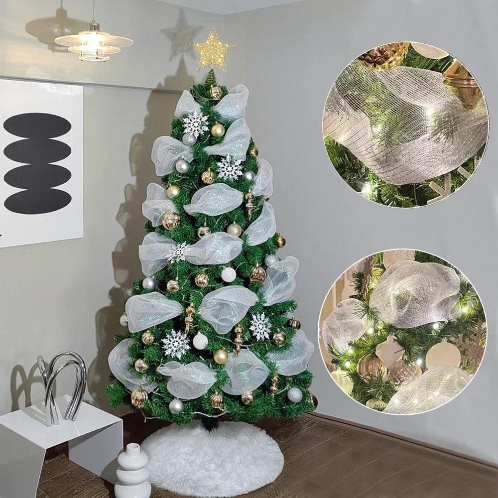 10 Yards Christmas Mesh Tulle Ribbon Roll – Gold & Silver Christmas Mesh Ribbon Babs