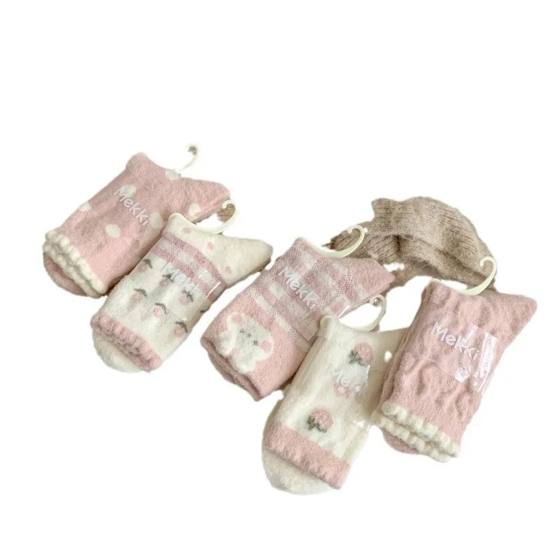 Women's Thick Pink Strawberry Cozy Home Socks – Soft & Warm Casual Cozy Socks Babs