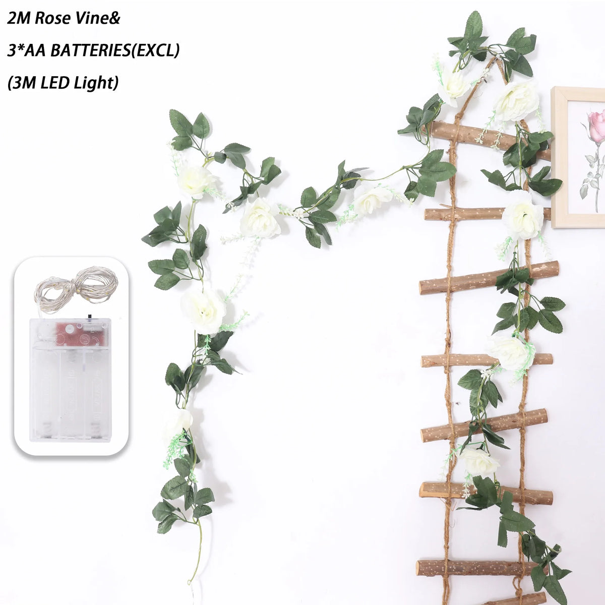 Rose LED Vine Light String – Artificial Flower Wedding Decor LED Floral Vine Light Babs White 3
