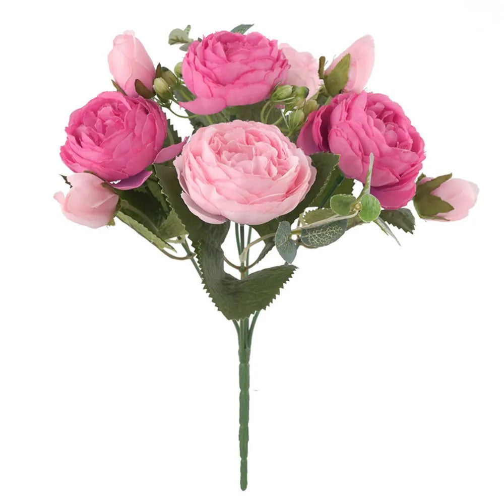 Silk Peony Artificial Flower Bouquet – Roses & Gypsophila, 12 Colors Artificial Flower Bouquet Babs Deep Pink 1pc