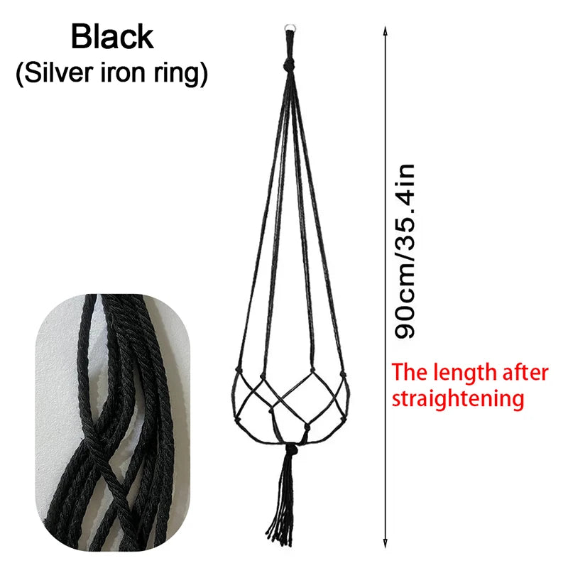 Macrame Hanging Plant Basket with Hook – Boho Planter Net Hanging Plant Basket Babs Black