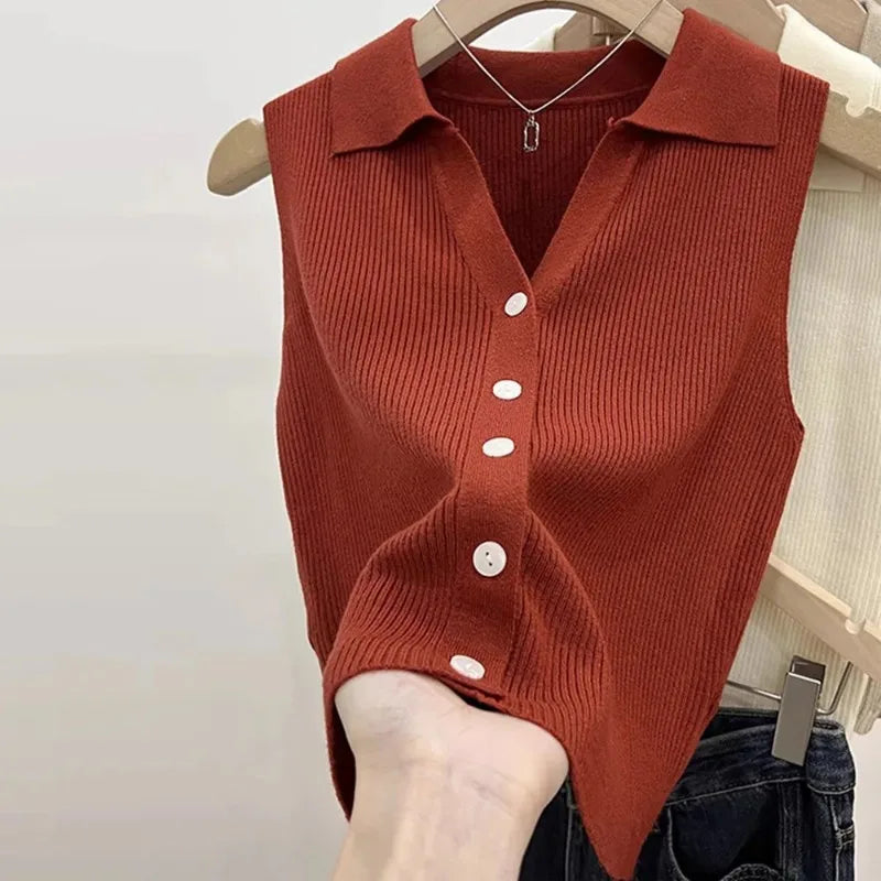 Women's Polo Collar Knit Vest – Slim Fit Sleeveless Button-Up Knit Vest Top Babs