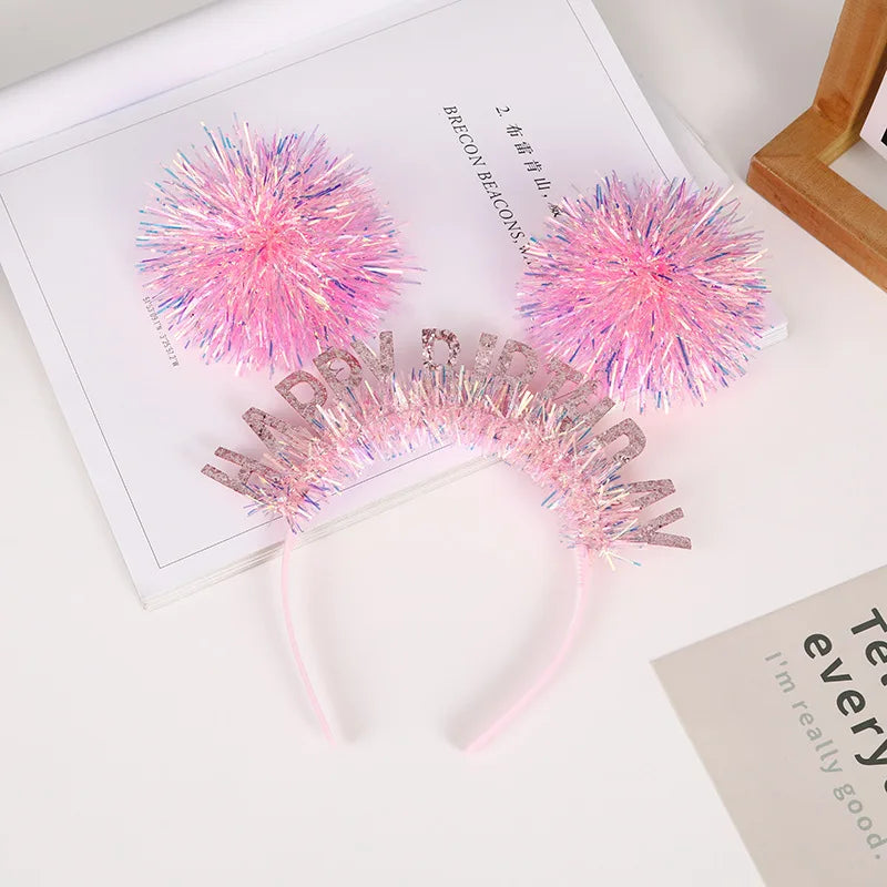 Sparkly Tinsel Pom-Pom Party Headbands for Kids – 12 Pack Party Headband Set Babs A1 pink
