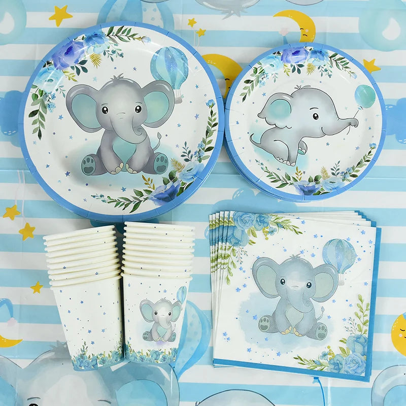 Blue Elephant Disposable Party Tableware – Baby Boy 1st Birthday Party Tableware Set Babs