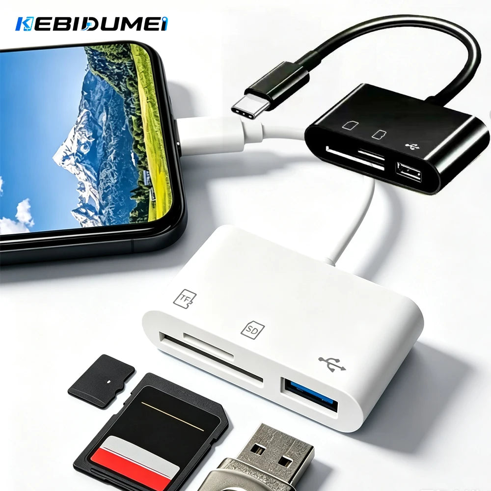 KEBIDUMEI 3-in-1 USB-C OTG Card Reader Dual SD TF Slot Adapter USB Card Reader Babs