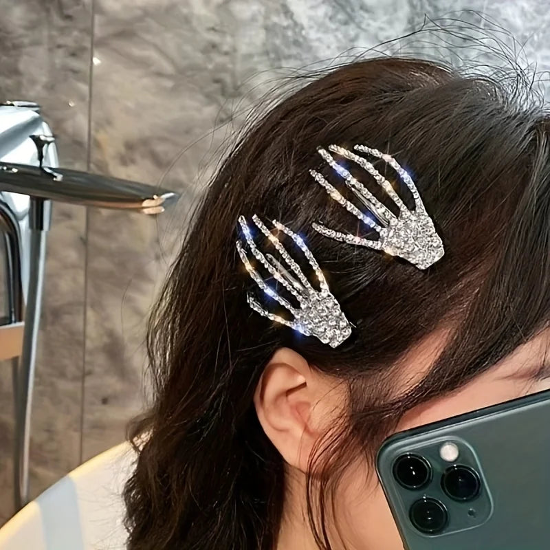 2-Piece Rhinestone Skull Hand Hair Clips – Halloween Barrettes Hair Clip Barrettes Babs