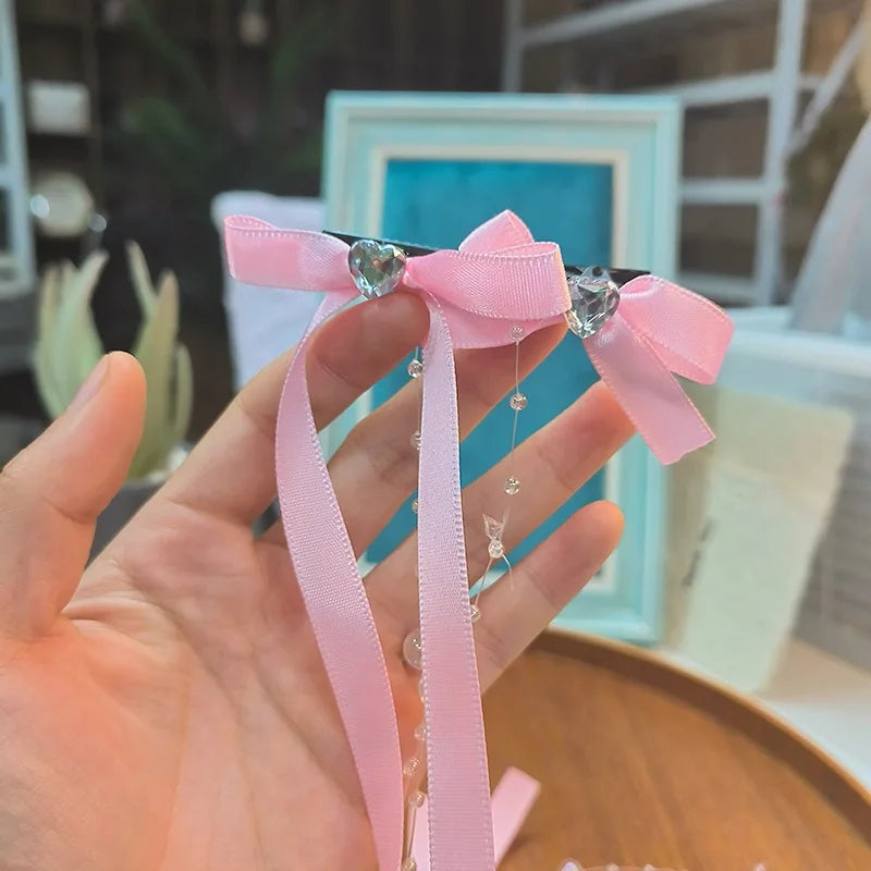 Korean Ribbon Bow Tassel Hair Clip – Beaded Glass Hairpin Bow Hair Clip Babs