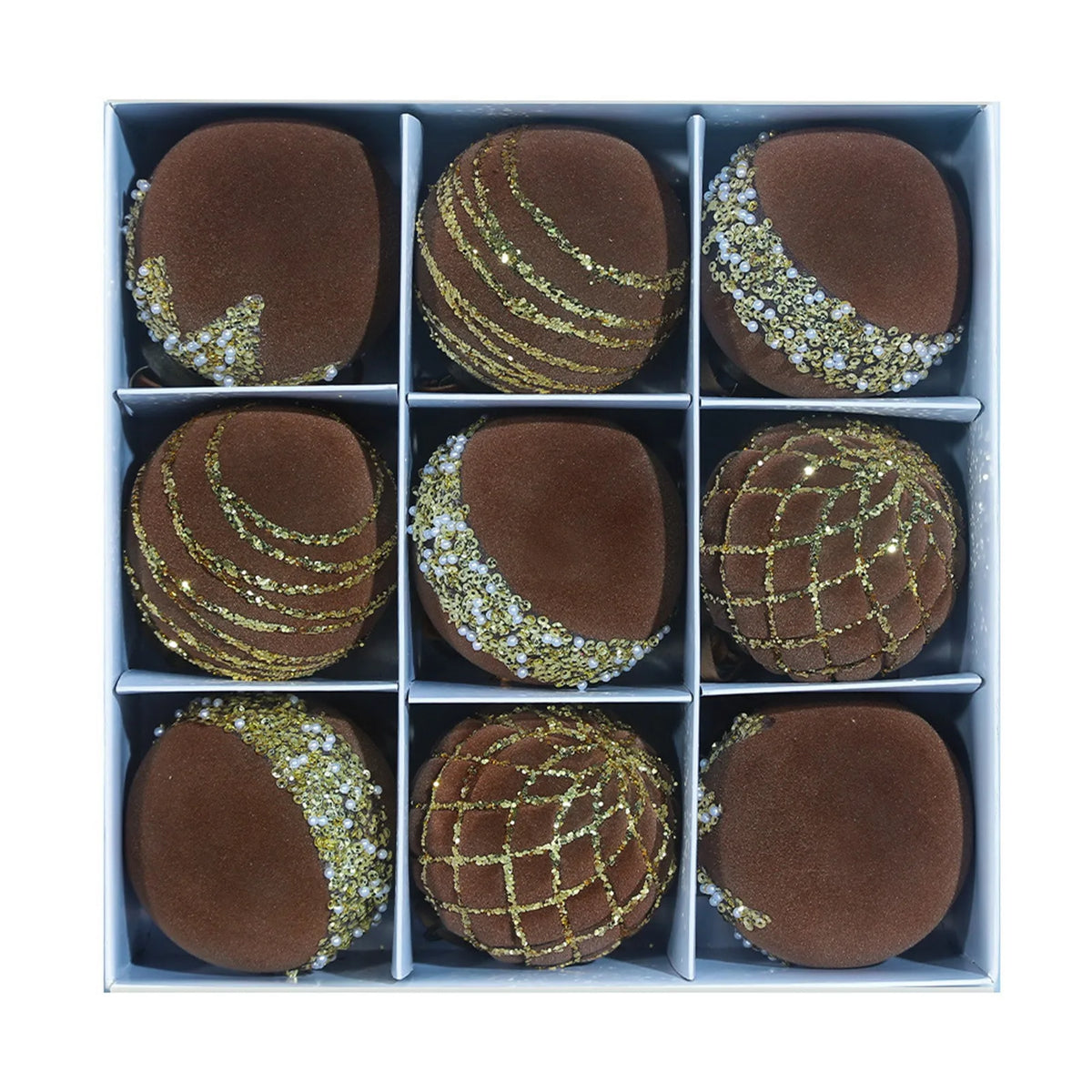 9-Piece Flocked Green Velvet Christmas Ball Ornaments 80MM Set Christmas Ornaments Set Babs 8cm Brown